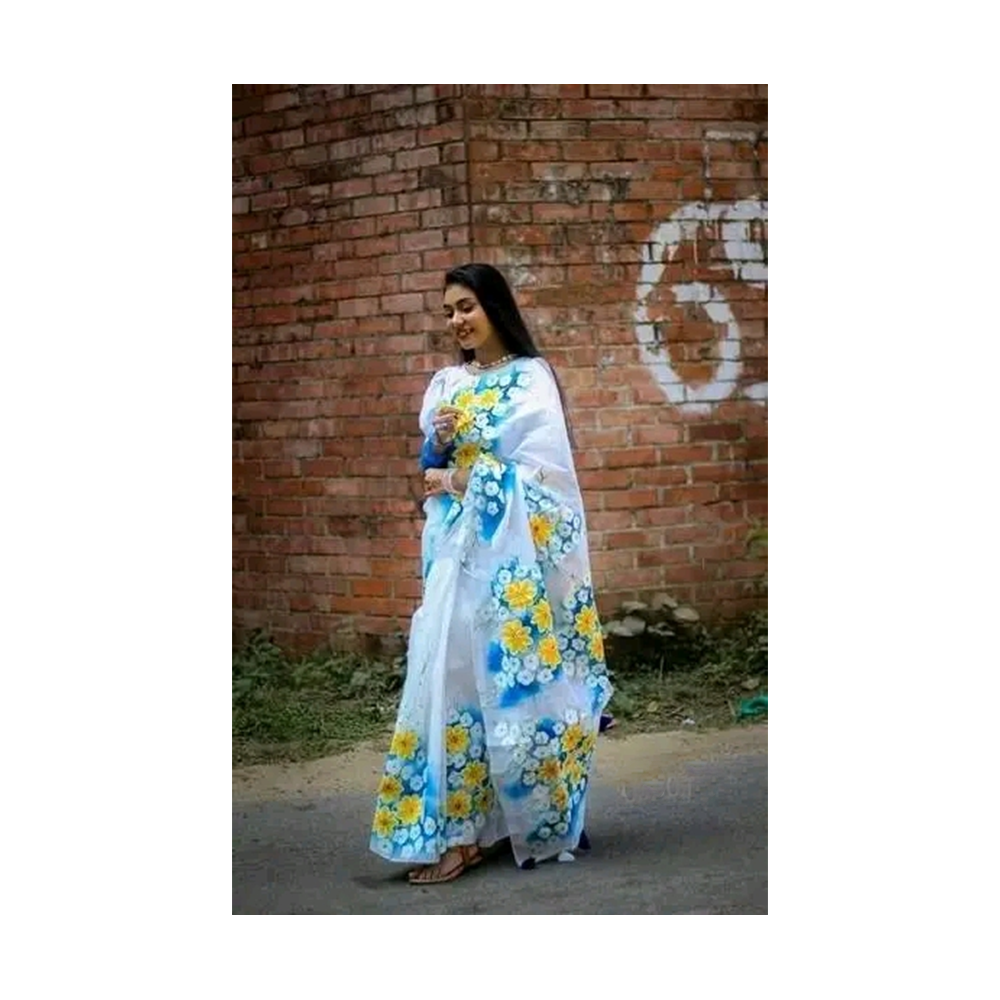 Hand Printed Half Silk Saree For Women - Multicolor - BAN114