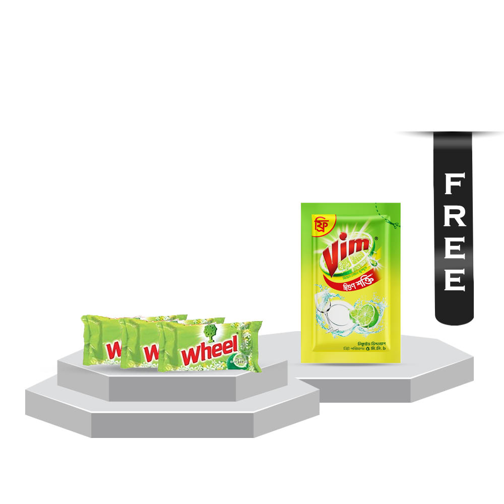 Bundle of 3 Pcs Wheel Washing Powder Laundry Bar With Vim Liquid Dish Washer - 5ml Free