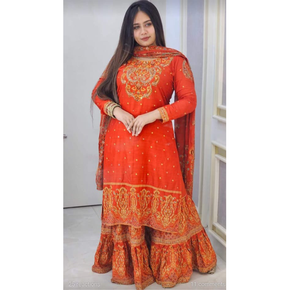 Slab Cotton Readymade Garara Salwar Kameez For Women - Orange - HS-00036