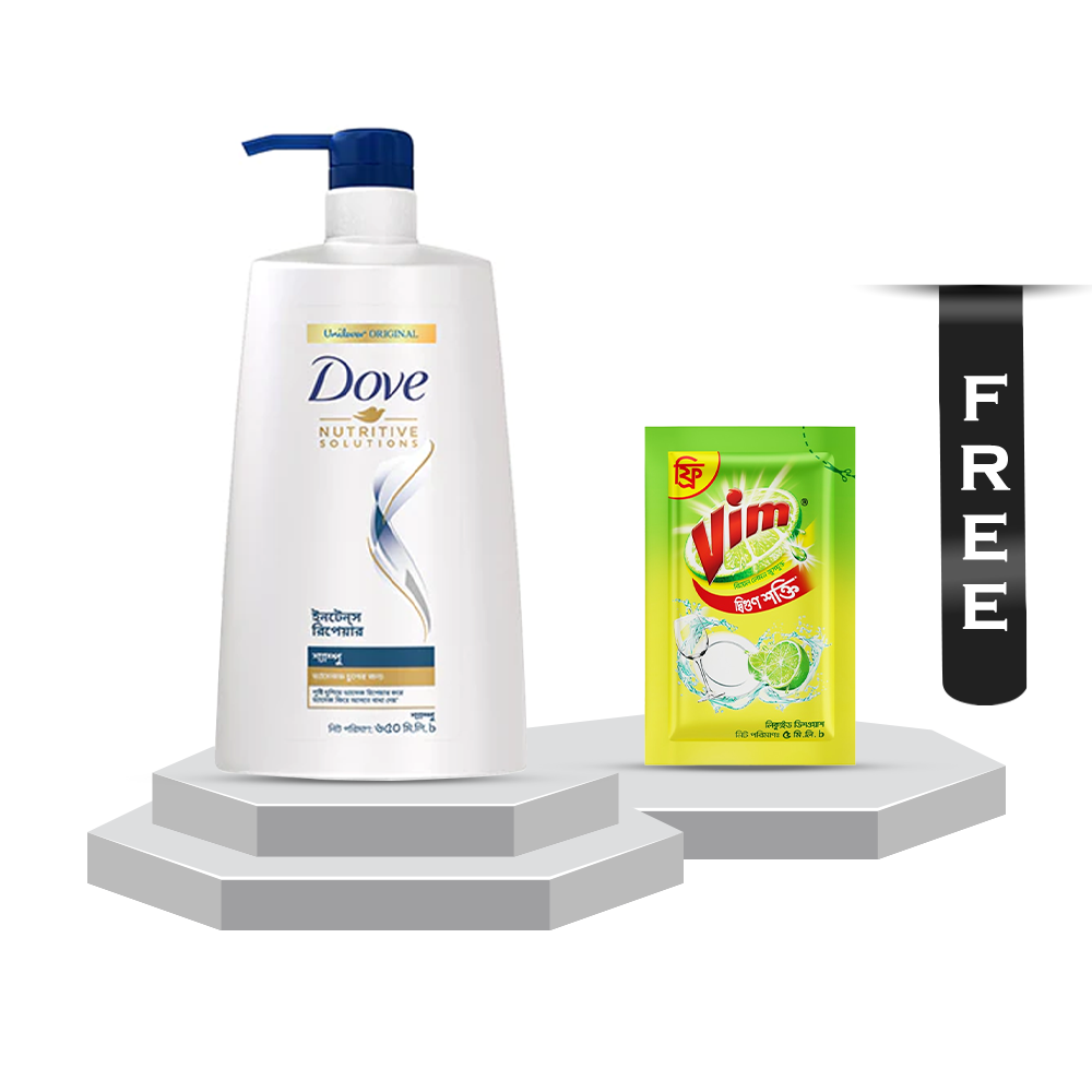 Dove Intense Repair Shampoo - 650ml With Vim Liquid Dish Washer - 5ml Free