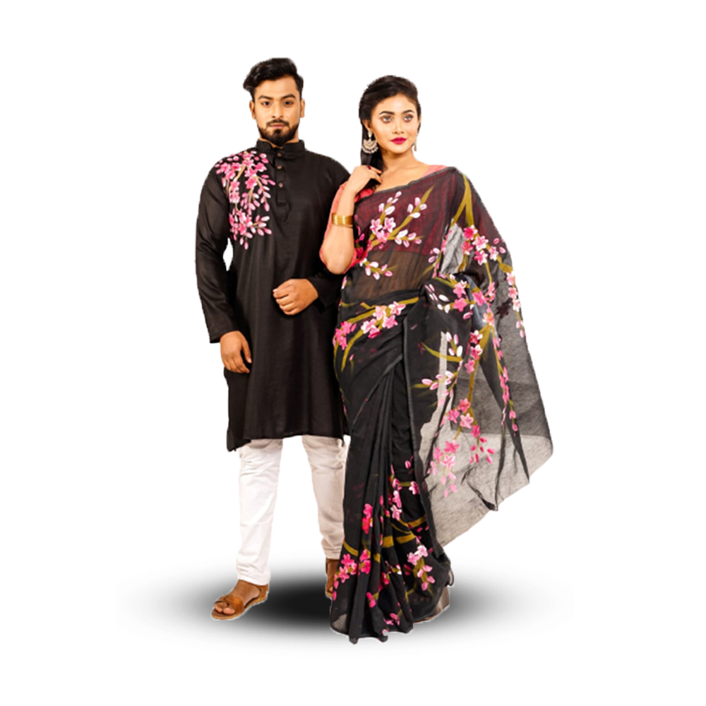 Hand Printed Saree With Panjabi Couple Set - Black - CS-87 