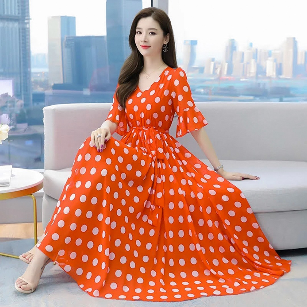 China Linen Printed Long Gown For Women - Orange - GL-05