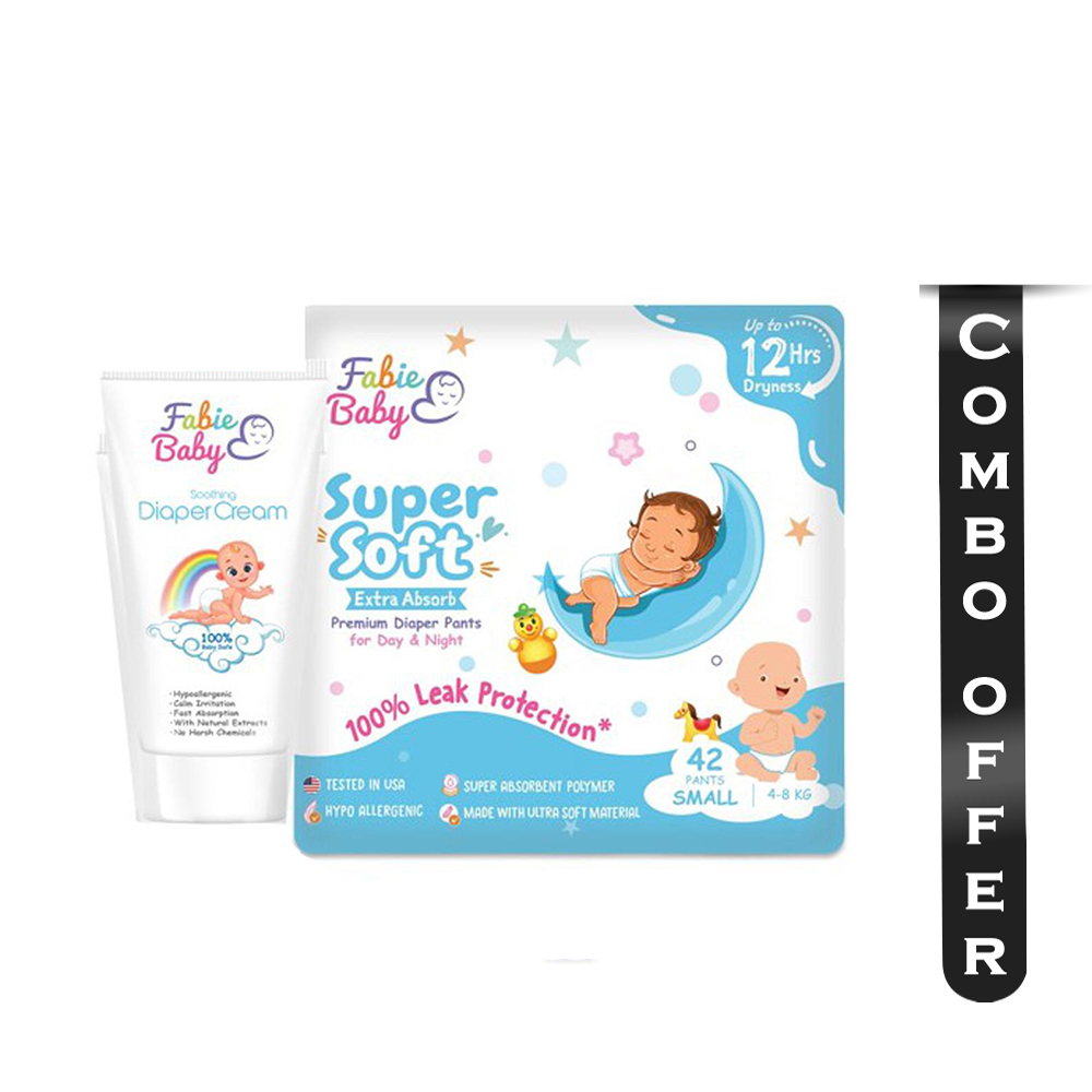 Combo of Fabie Baby Supersoft Extra Absorb Premium Diaper Pants Small (4-8 Kg) - 42 Pcs and Diaper Cream