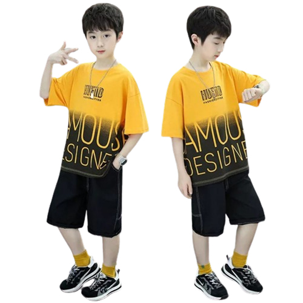 China Cotton Half Sleeve T-Shirt and Half Pant Set For Boys - Yellow and Black - BM-20