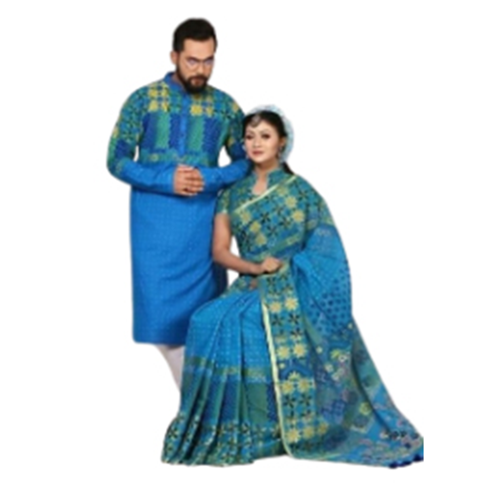 Block Print Saree With Panjabi Couple Set - Blue - CS-B23