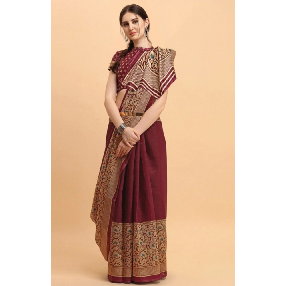 Silk Printed Gorgeous Saree With Blouse Piece For Women - Maroon - MN-756