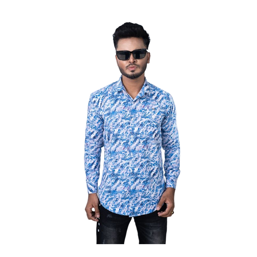 Westeen Cotton Printed Casual Slim Fit Full Sleeve Shirt for Men - Blue - 1010798