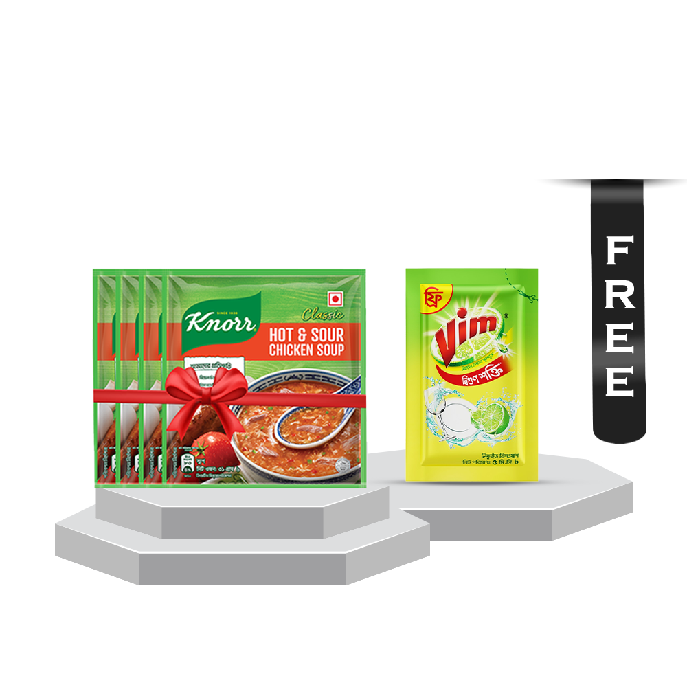 Pack of 4 Pcs Knorr Hot and Sour Soup - 31g With Vim Liquid Dish Washer - 5ml Free