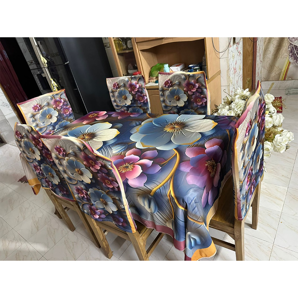 Korean Velvet 3D Print Dining Table Cloth and Chair Cover Set 7 In 1 - HS 00100