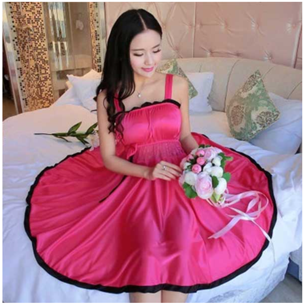 Satin Plain Nighty Dress With Panty - Rose Red - N_3031