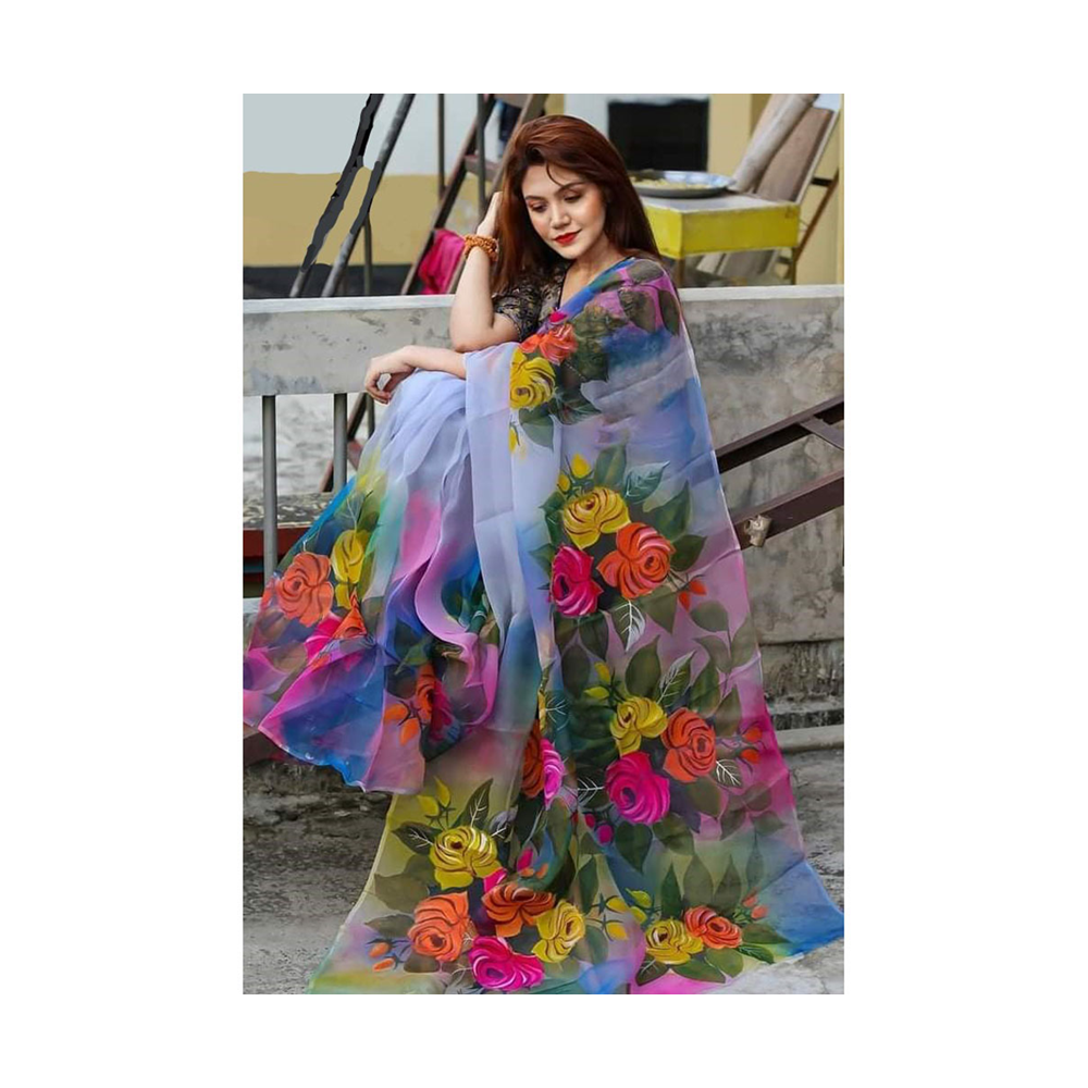 Hand Printed Half Silk Saree For Women - Multicolor - BAN119