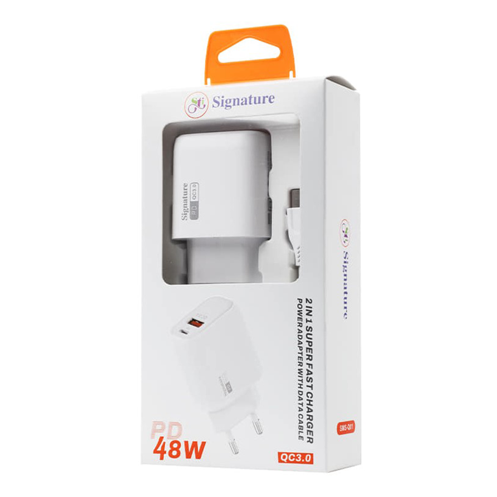 Signature SMS-Q2 Dual Port Charger With Fast Charging Type-C Data Cable - 48W - White