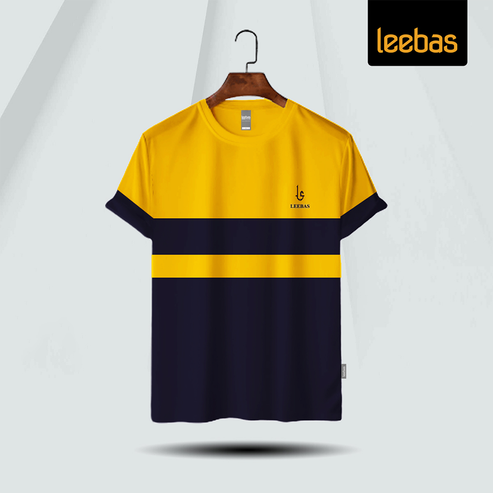 Leebas Cotton Half Sleeve T-Shirt For Men - Yellow and Navy - LB64