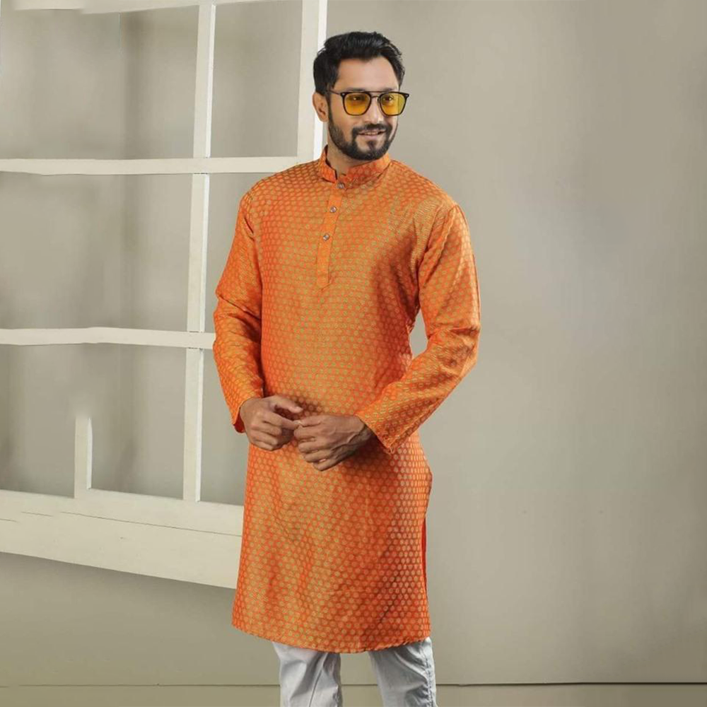 Dhupiyan Cotton Silk Semi Long Panjabi For Men - Orange