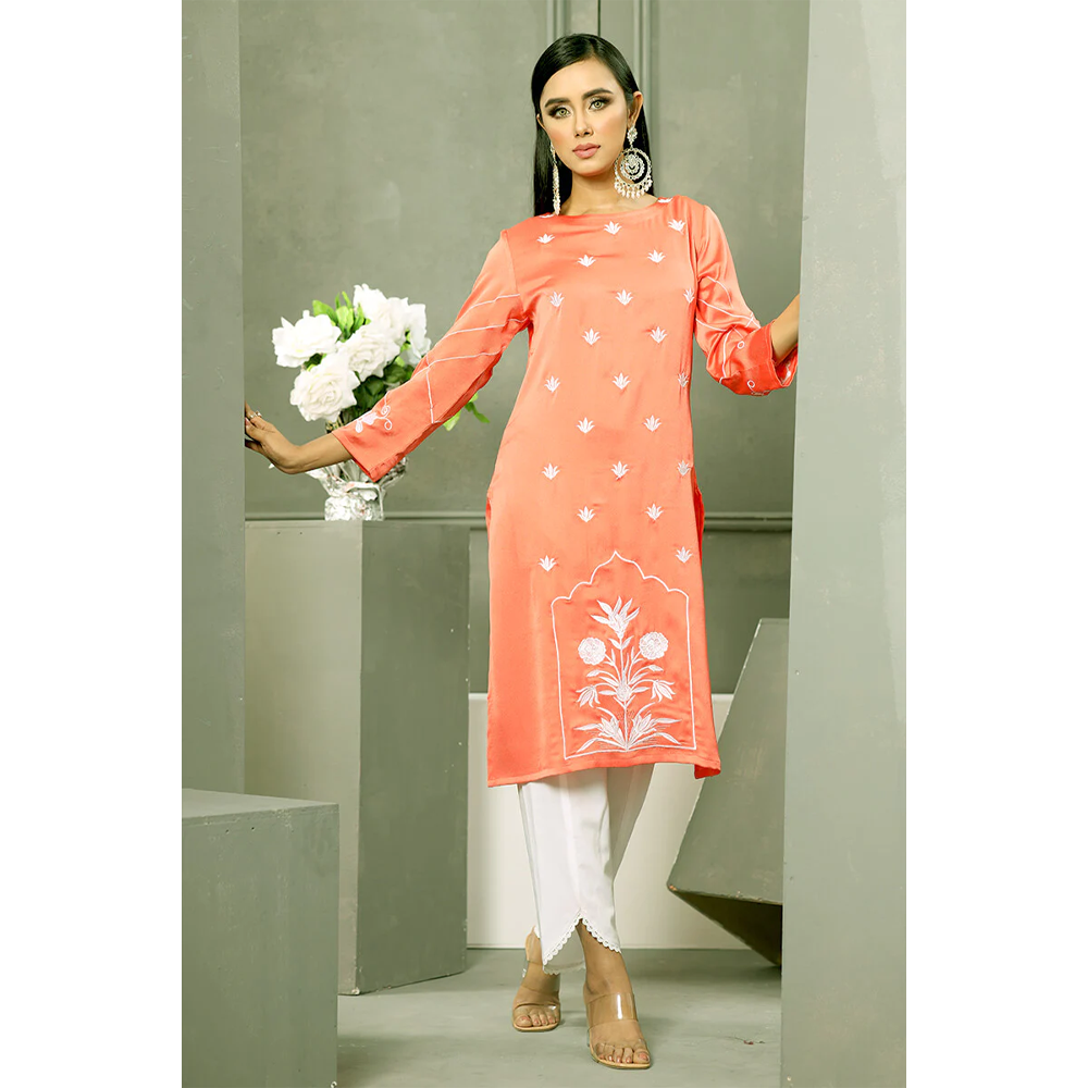 Crepe Silk Kurti For Women - Orange - M07