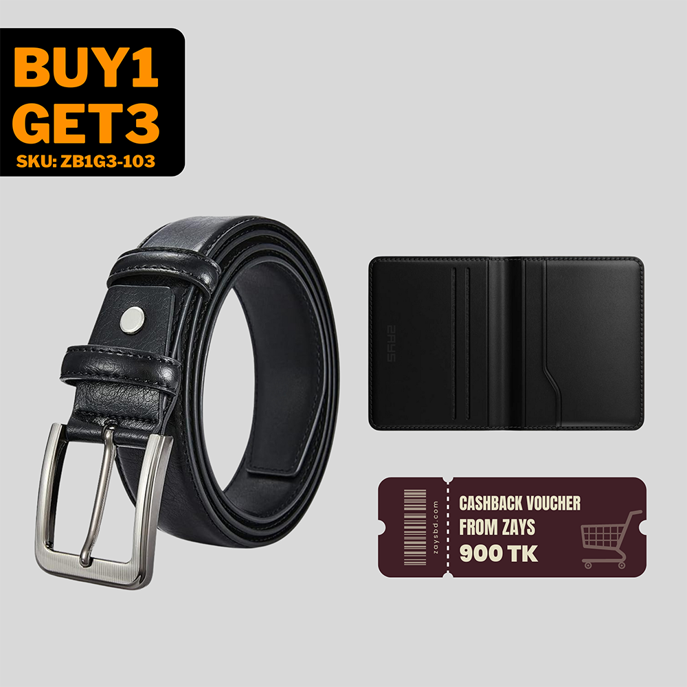 Buy 1 Get 3 Leather Belt and Free Leather Card Holder Wallet and Cashback Voucher - Black - ZB1G3-103