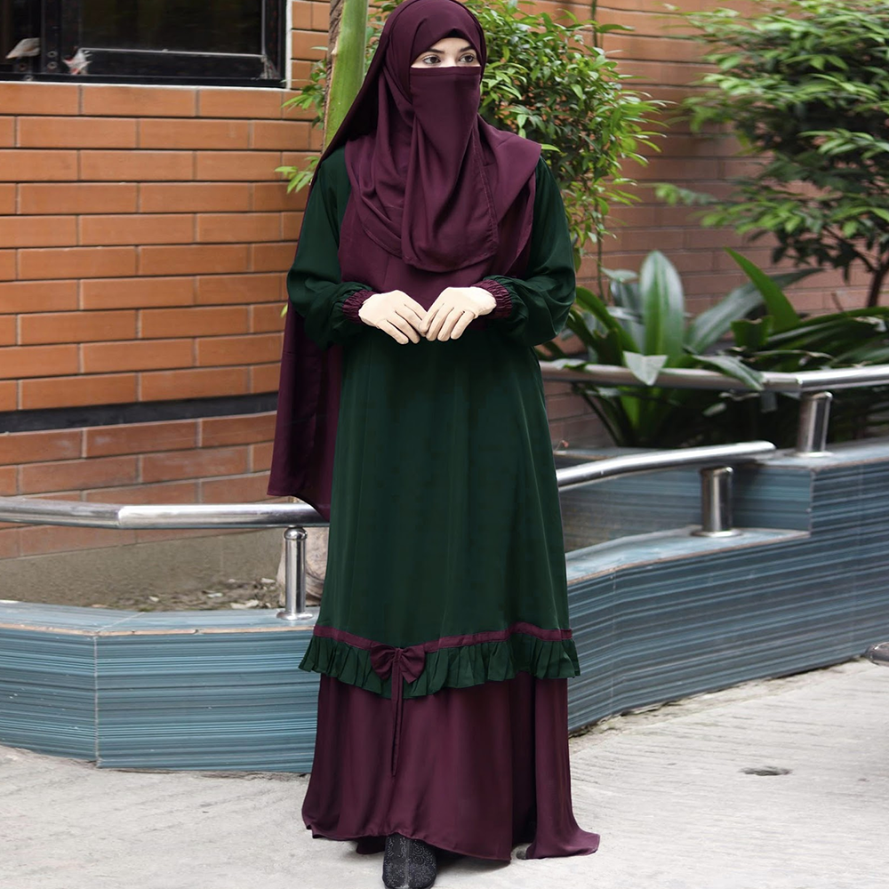 Dubai Charry Borkha and Abaya Set for Women With Hijab Niqab - Bottle Green - B_624