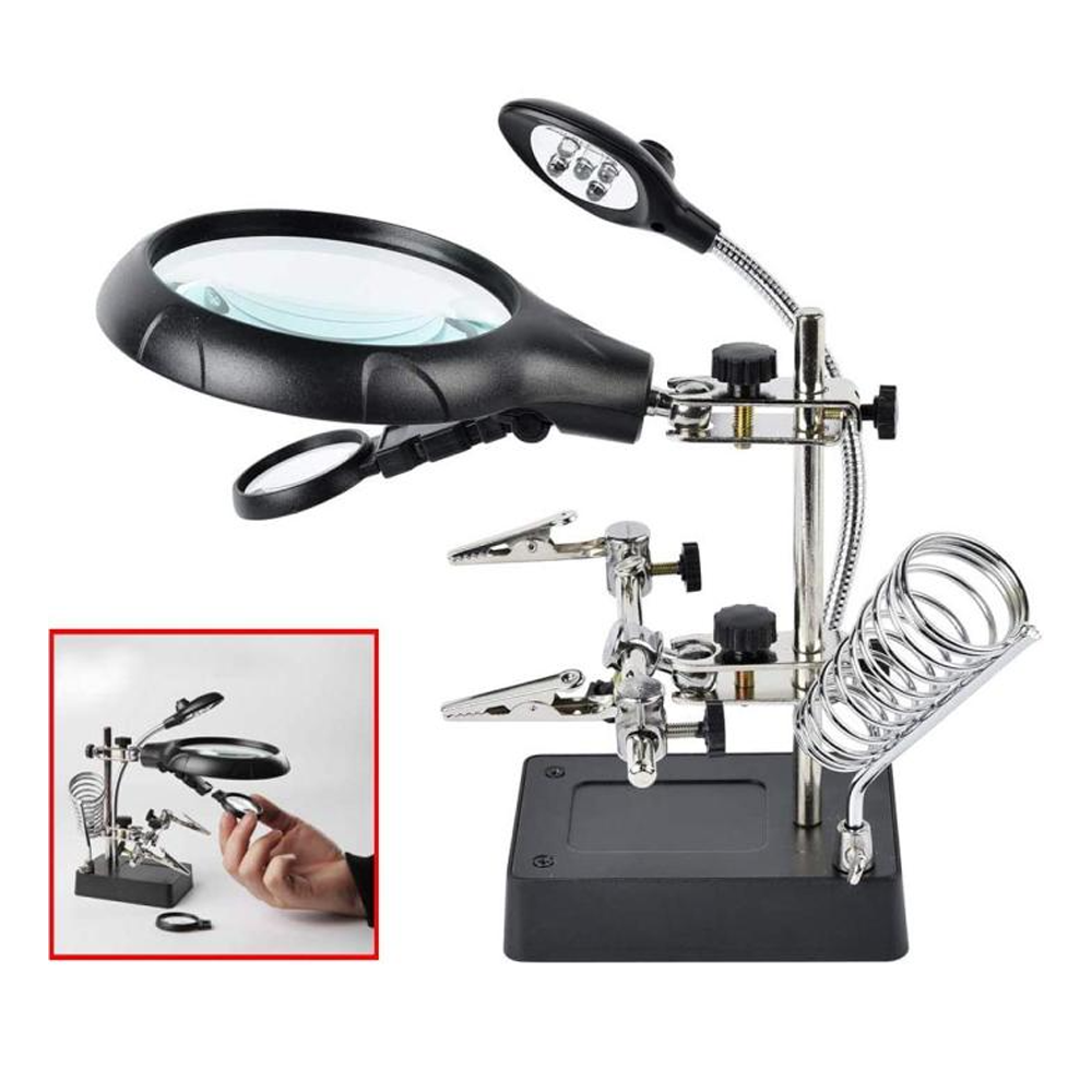 5 LED Light Magnifier Magnifying Glass Helping Hand Soldering Stand with 3 Lens - Black