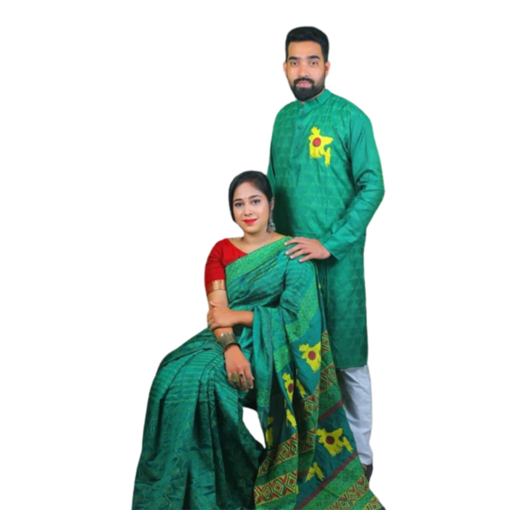 Block Print Saree With Panjabi Couple Set - Green - CS-B31