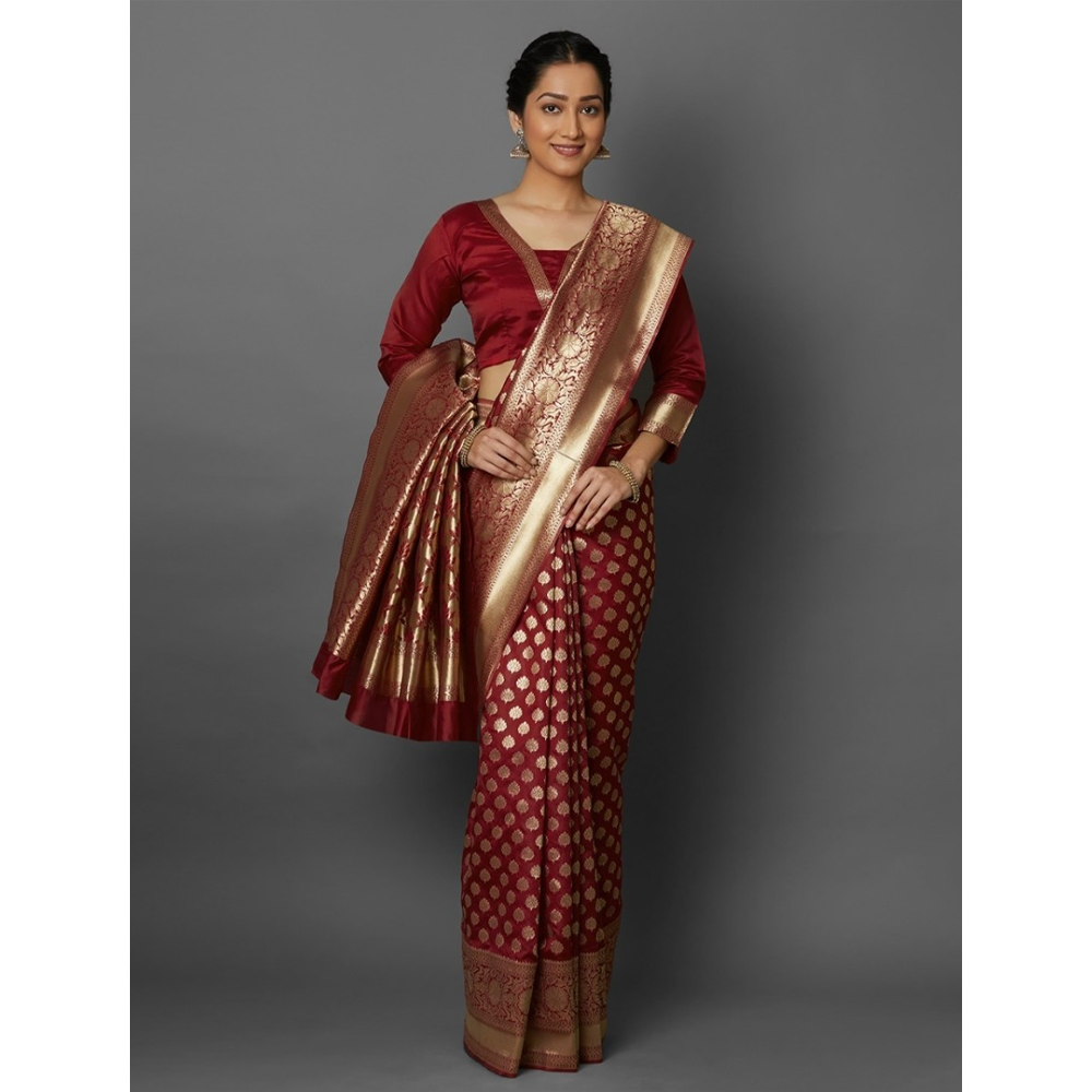 Silk Printed Gorgeous Saree With Blouse Piece For Women - Maroon - MN-721