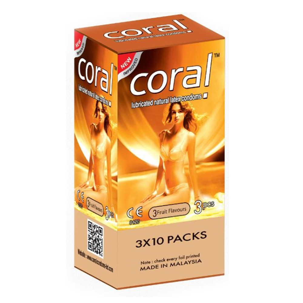 Pack of 30 Pcs Coral 3 Fruits Flavors Lubricated Natural Latex Condom