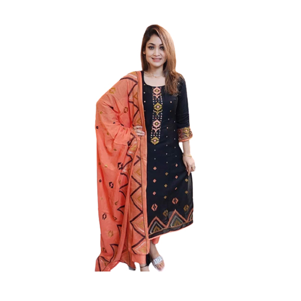 Unstitched Cotton Skin Print Salwar Kameez For Women - Black - 3C-13