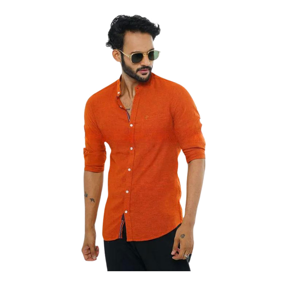 Cotton Casual Band Collar Shirt For Men - Orange