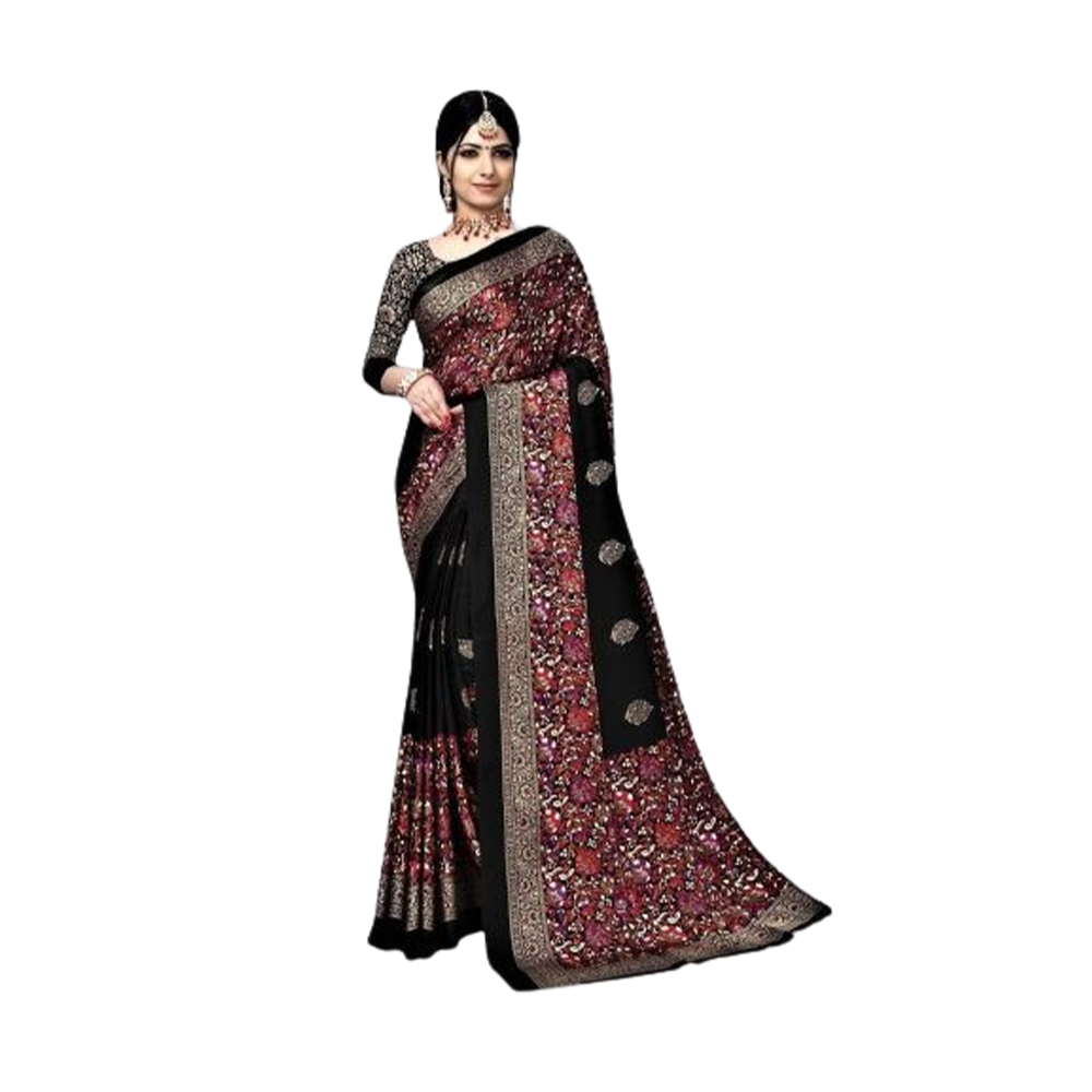 Soft Silk Digital 3D Printed Saree With Blouse Piece - Black - SS-P30