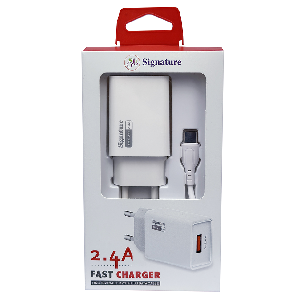 Signature SMS-A32 2.4A Fast Charger With Charging Type-C Data Cable - 1M - White