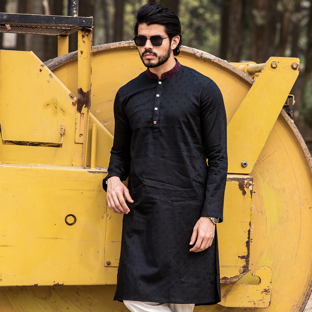 Cotton Embroidery Panjabi For Men - RD-02 - Black