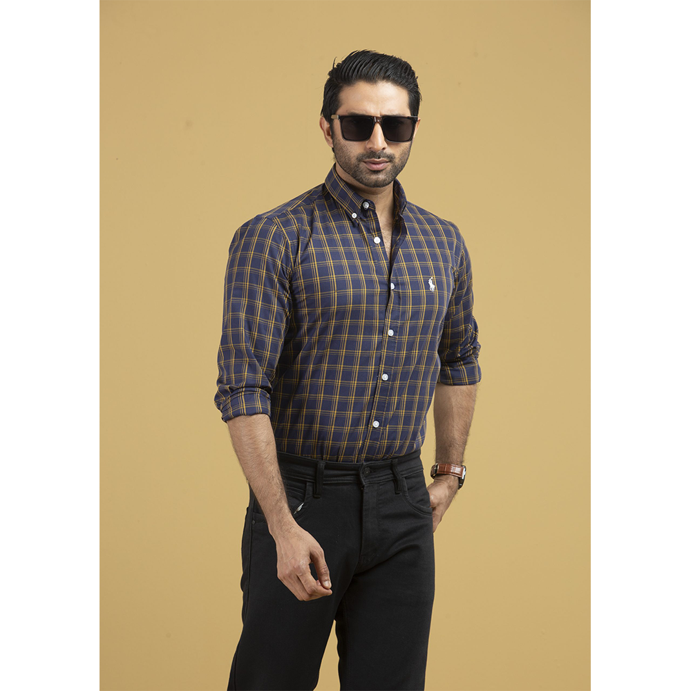 Cotton Full Sleeve Casual Shirt for Men - Light Yellow And Dark Blue- SCK-09