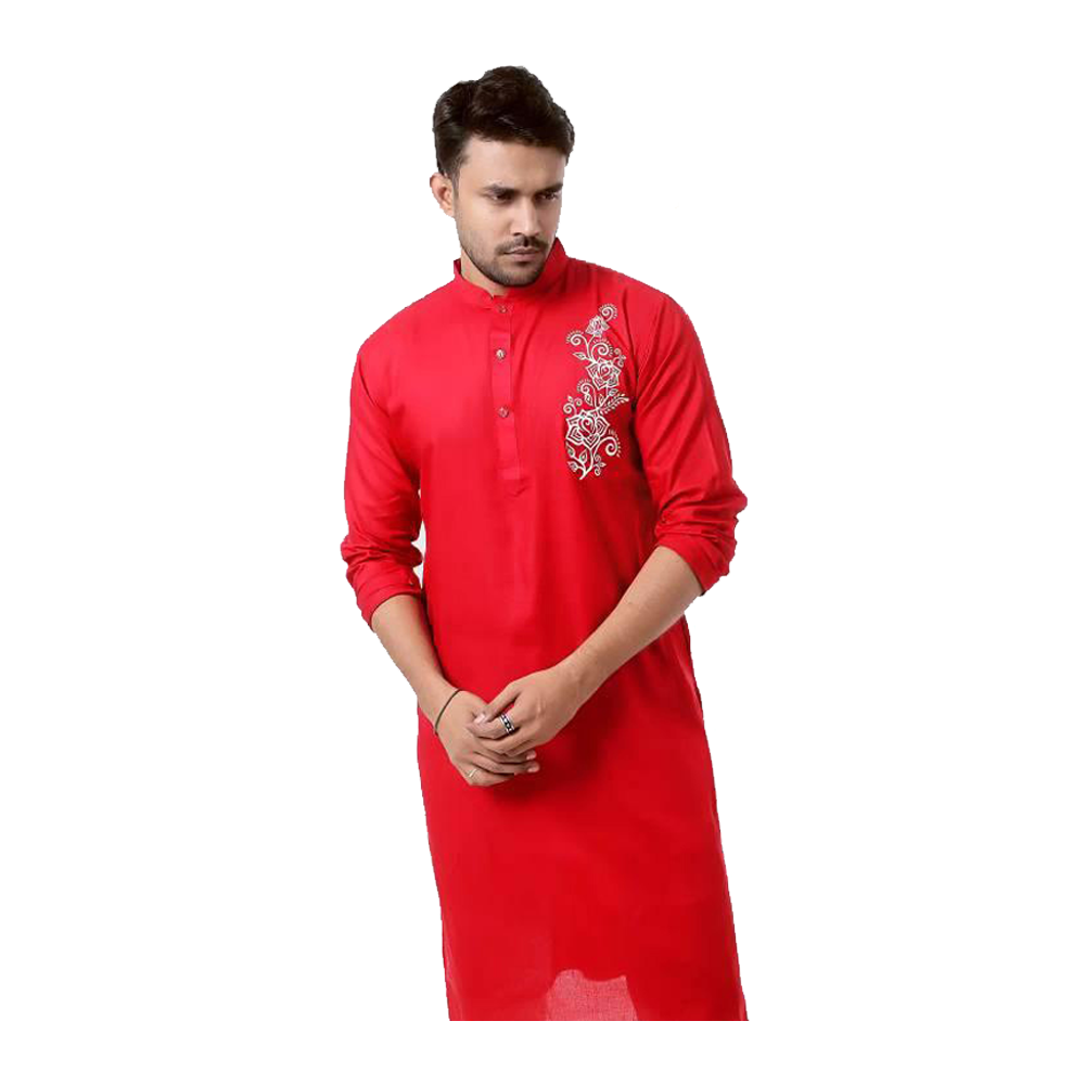 Linen Semi Long Lilen Printed Panjabi For Men - Red