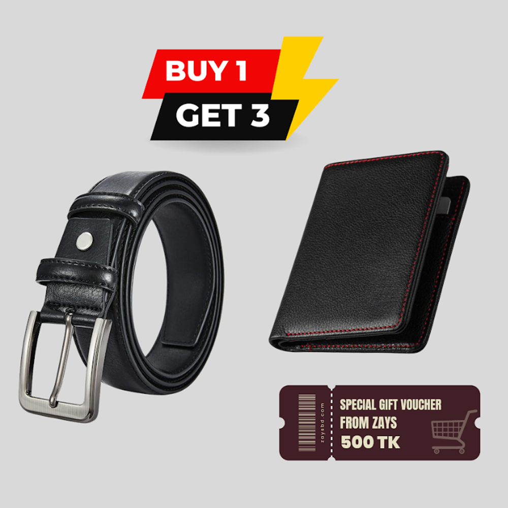 Special B1G3 Offer Buy a Premium Leather Belt and Get Free Wallet - 500 BDT Gift Voucher From Zays - Limited Time Deal - ZB1G3-105 - Black