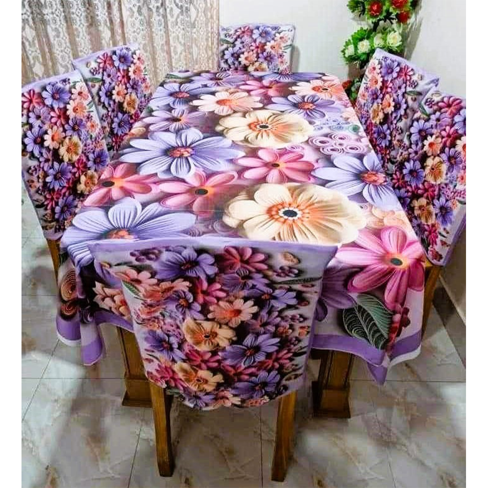 Korean Velvet 3D Print Dining Table Cloth and Chair Cover Set 7 In 1 - HS 00080