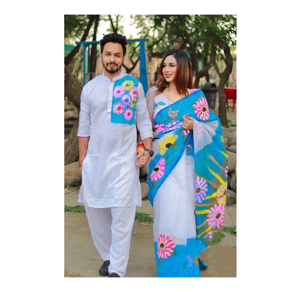 Dupiyan Cotton Hand Printed Couple Set - White And Blue - H11