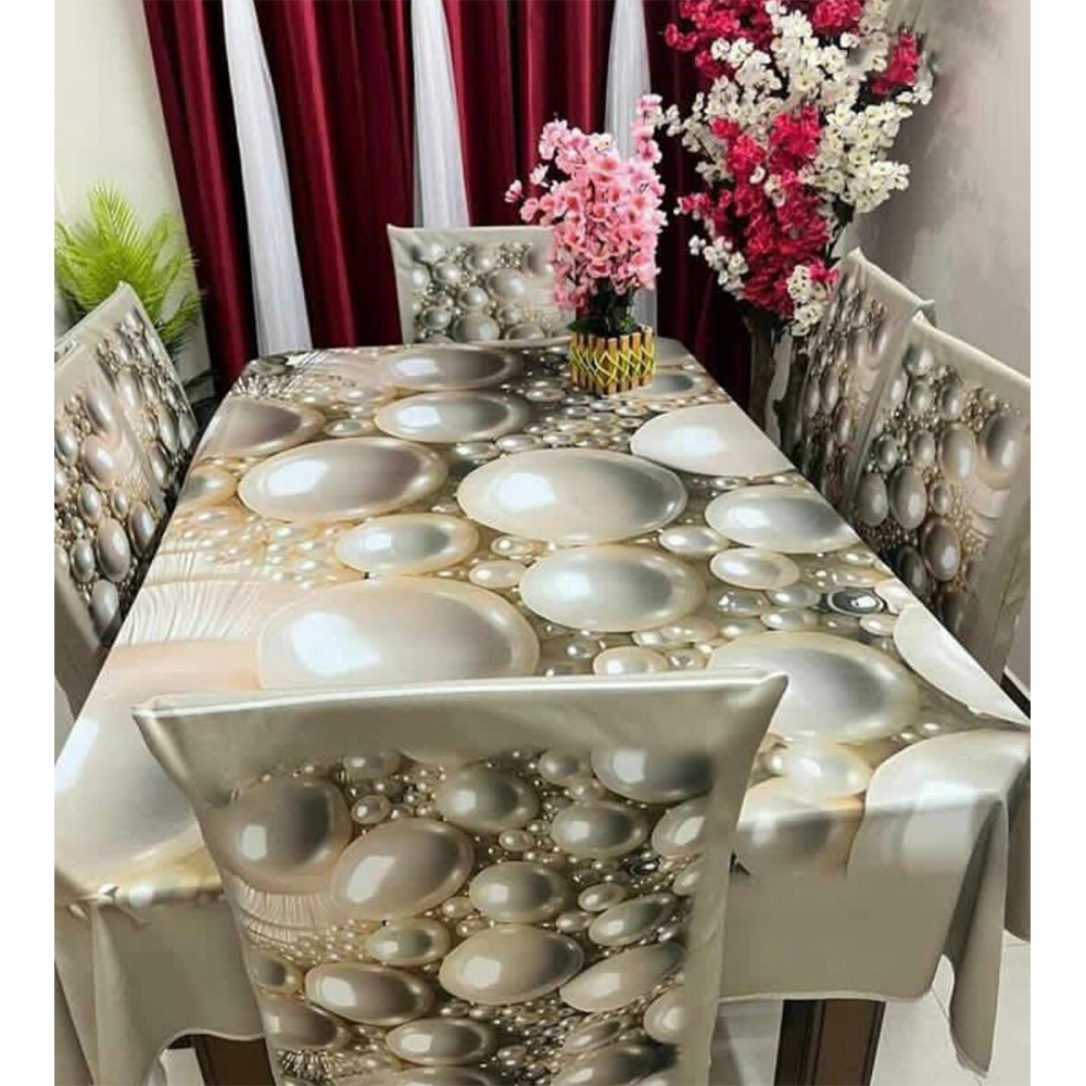 Korean Velvet 3D Print Dining Table Cloth and Chair Cover Set 7 In 1 - HS 00092