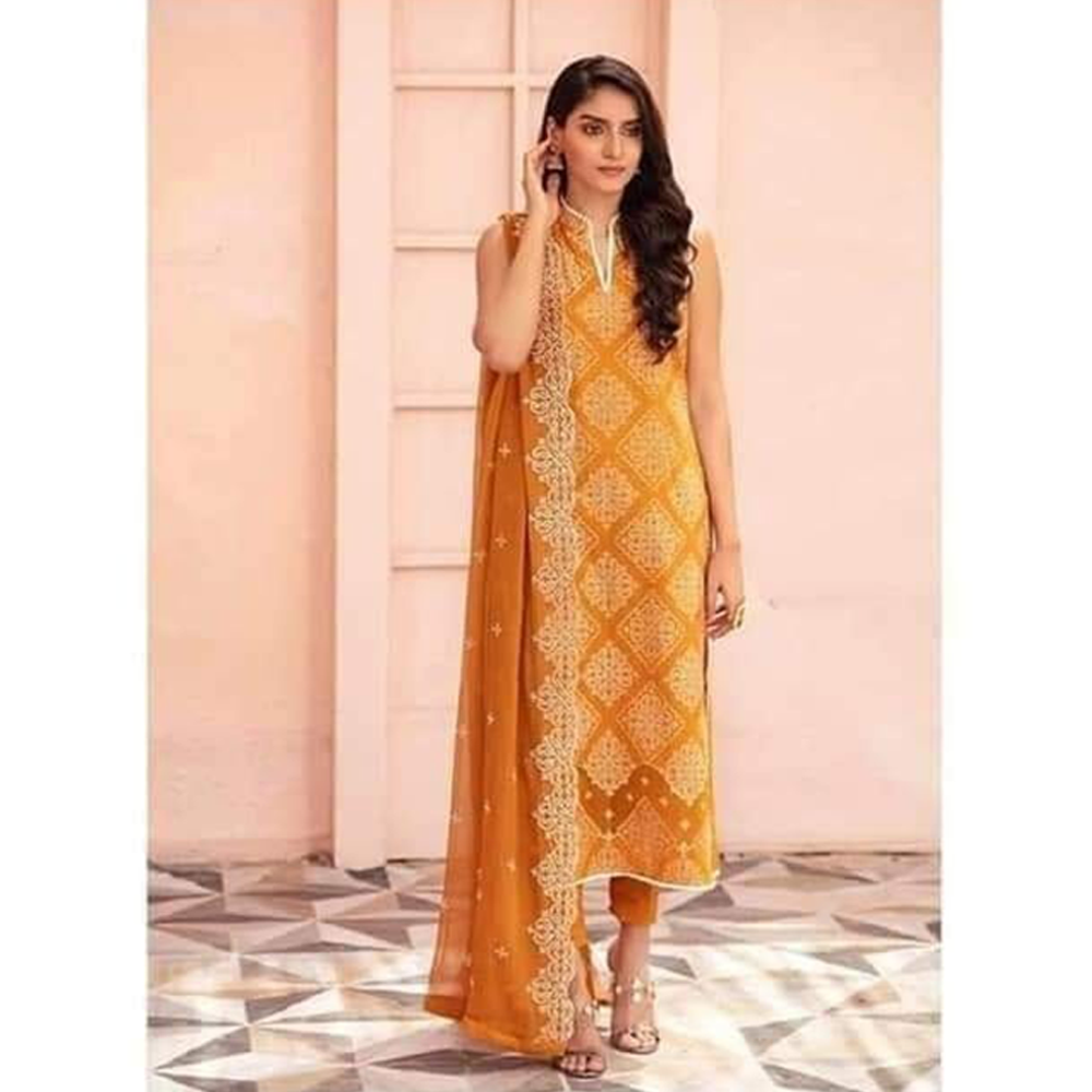 Unstitched Cotton Salwar Kameez for Women - Orange