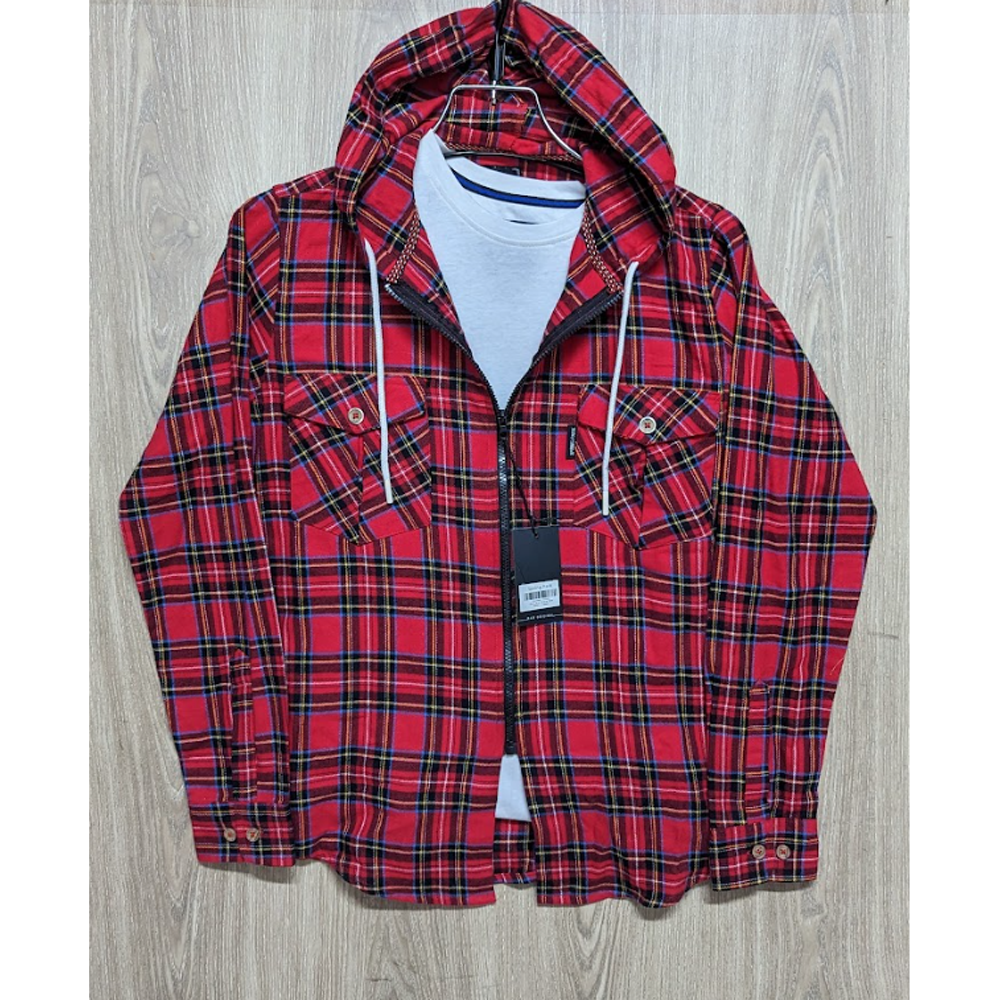 Flannel Cotton Hooded Shirt - Red - SP0007