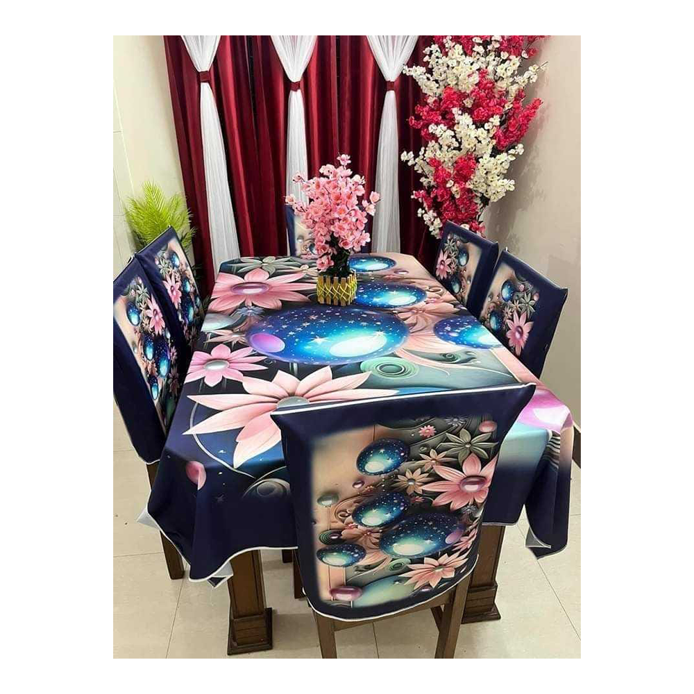 Soft Velvet 3D Print Premium 7 in 1 Dining Table Matt And Chair Cover Set - Multicolor - TC-124