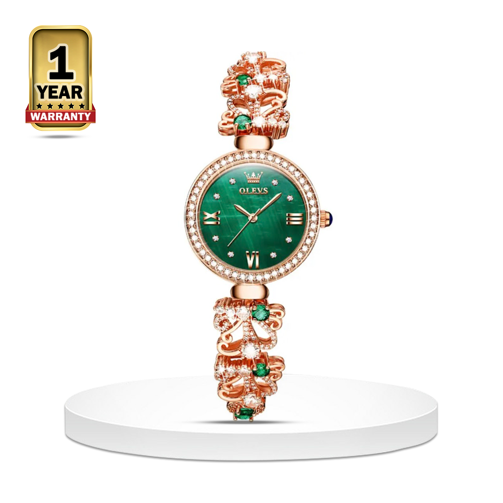 OLEVS 9958 Stainless Steel Inlaid Diamond Retro Elegant Wrist watch For Women - Rose Gold and Green