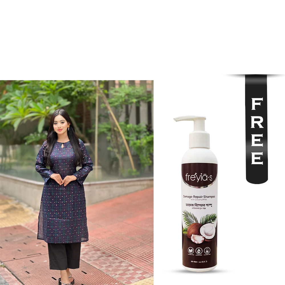 Buy Showstopper Cotton Kurti for Women - 0224 000315 - Navy Blue and Get Freyias Damage Repair Shampoo with Coconut Milk - 220ml Free