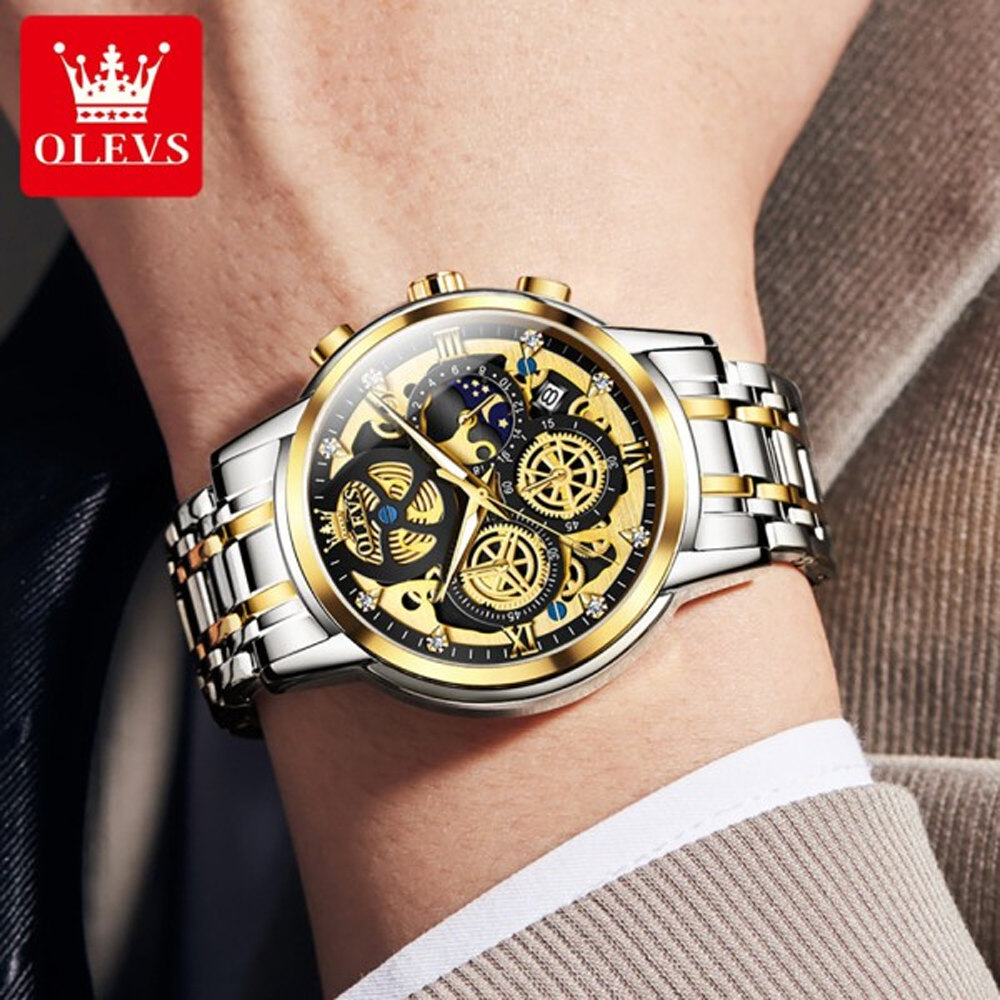 OLEVS 9947 Chronograph Stainless Steel Wristwatch For Men - Silver & Black and Gold