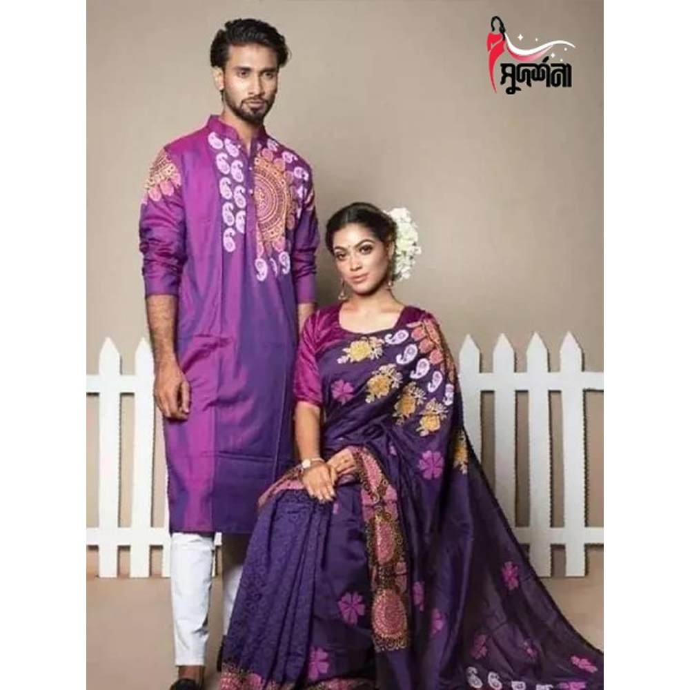 Dhupian Block Print Silk Saree and Dhupian Silk Panjabi for Couple - Multicolor - 0017