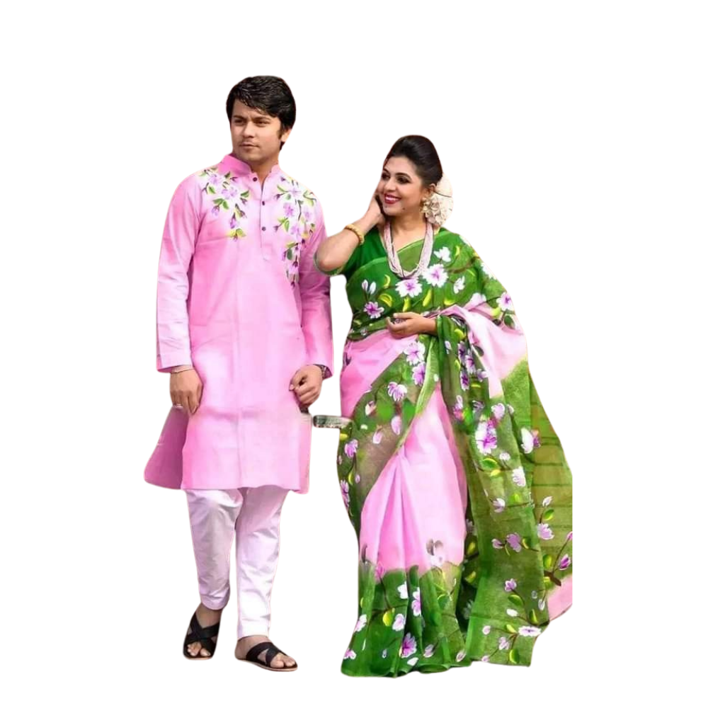 Cotton Silk Saree and Dhupian Cotton Panjabi Couple Dress - Pink & Green - SC90