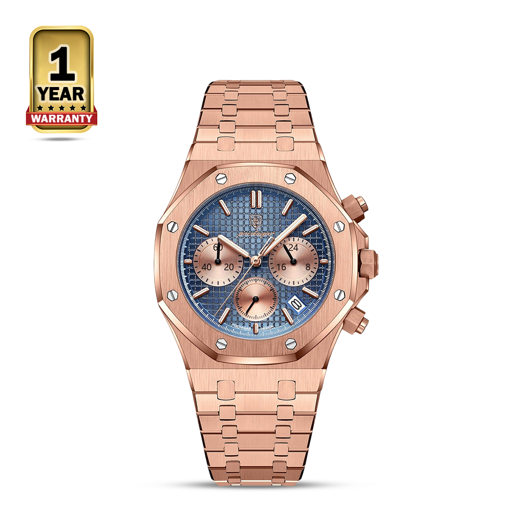 Poedagar 926 Stainless Steel Chronograph Wrist Watch For Men - Blue and Rose Gold