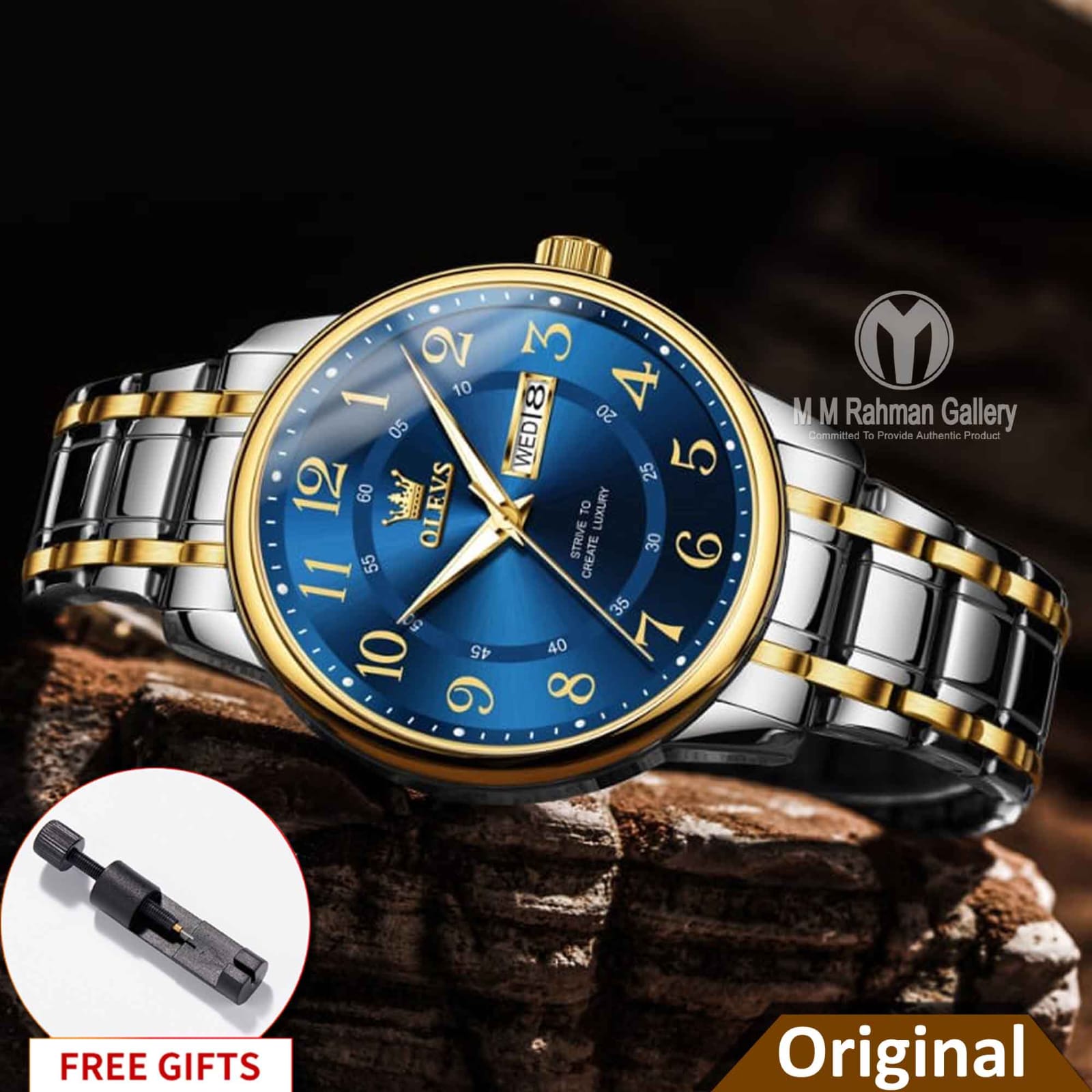 OLEVS 2891 Stainless Steel Luxury Quartz Wrist Watch For Men - Toton Blue