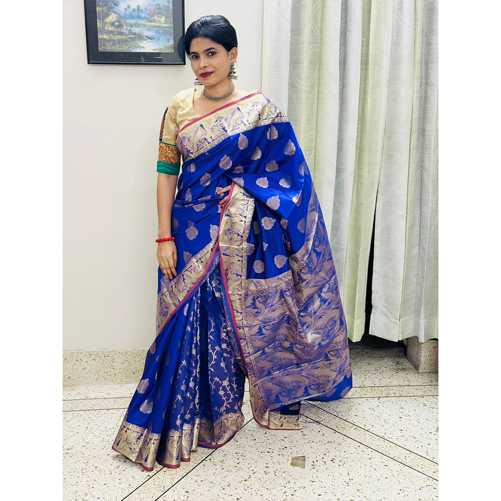 Silk Katan Tangail Saree for Women - Blue - HS-00031