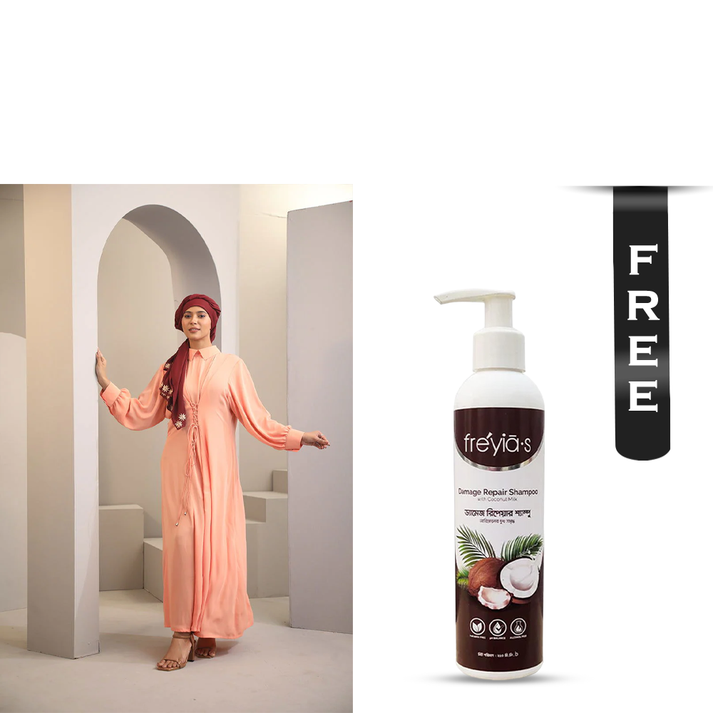 Buy Hiba Cherry Georgette Abaya for Women - 1223 000286 - Light apricot and Get Freyias Damage Repair Shampoo with Coconut Milk - 220ml Free