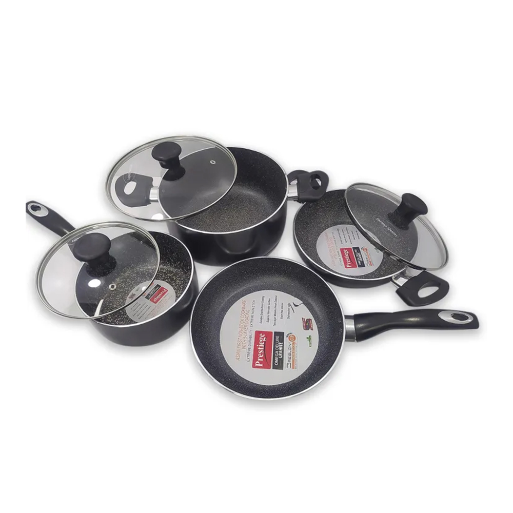 Prestige Aluminium Non-Stick Coated Cookware Set - 7 Pcs - Black