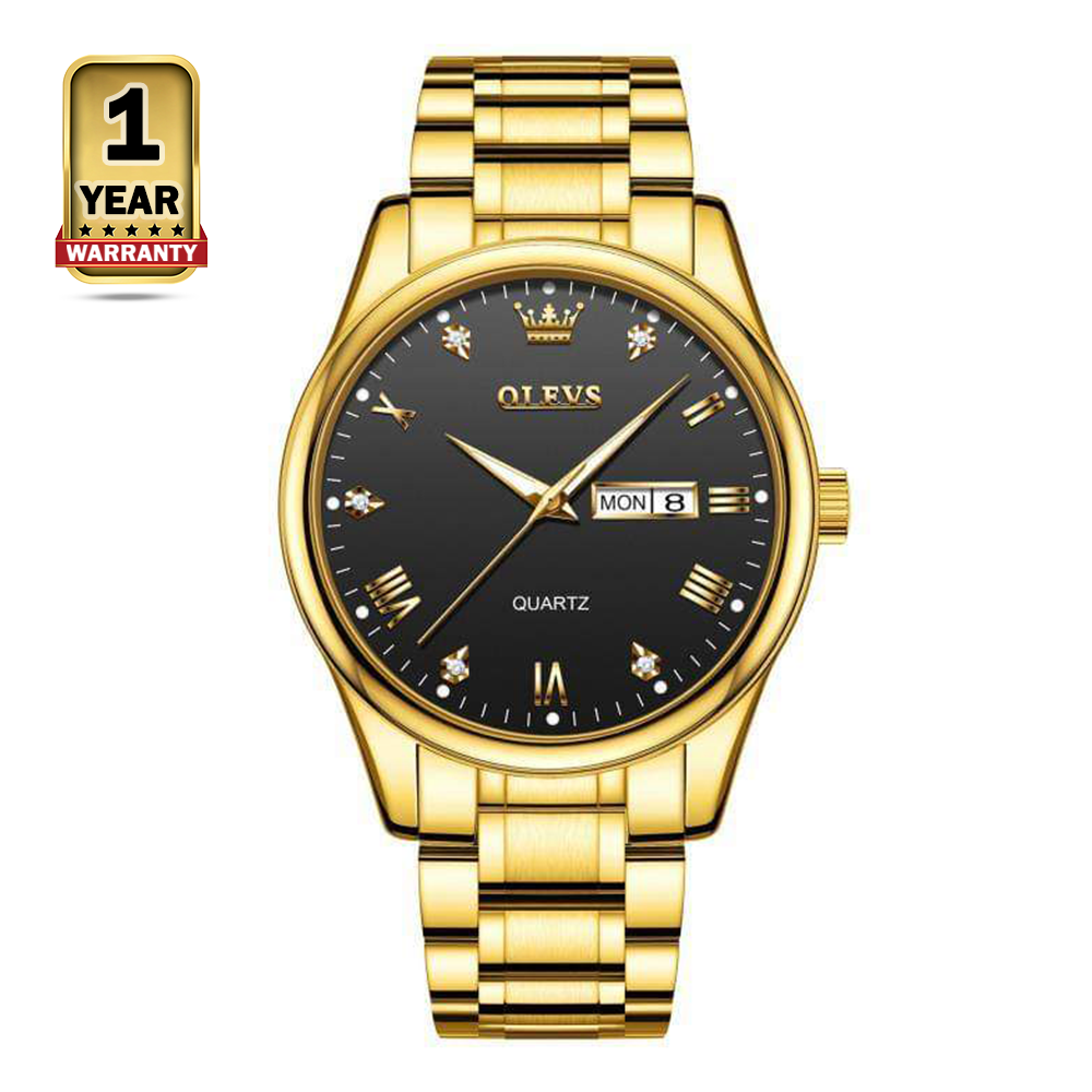 Olevs 5563 Stainless Steel Analog Wrist Watch For Men - Golden and Black